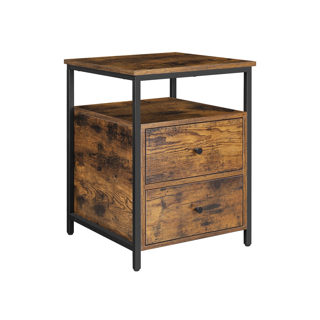 [LET067B01] VASAGLE Table de Chevet, Table de Chevet, Table d'Appoint, 45 x 45 x 60 cm, Etagère Ouverte, 2 Tiroirs, pour Salon, Chambre, Industriel, Marron Rustique et Noir LET067B01