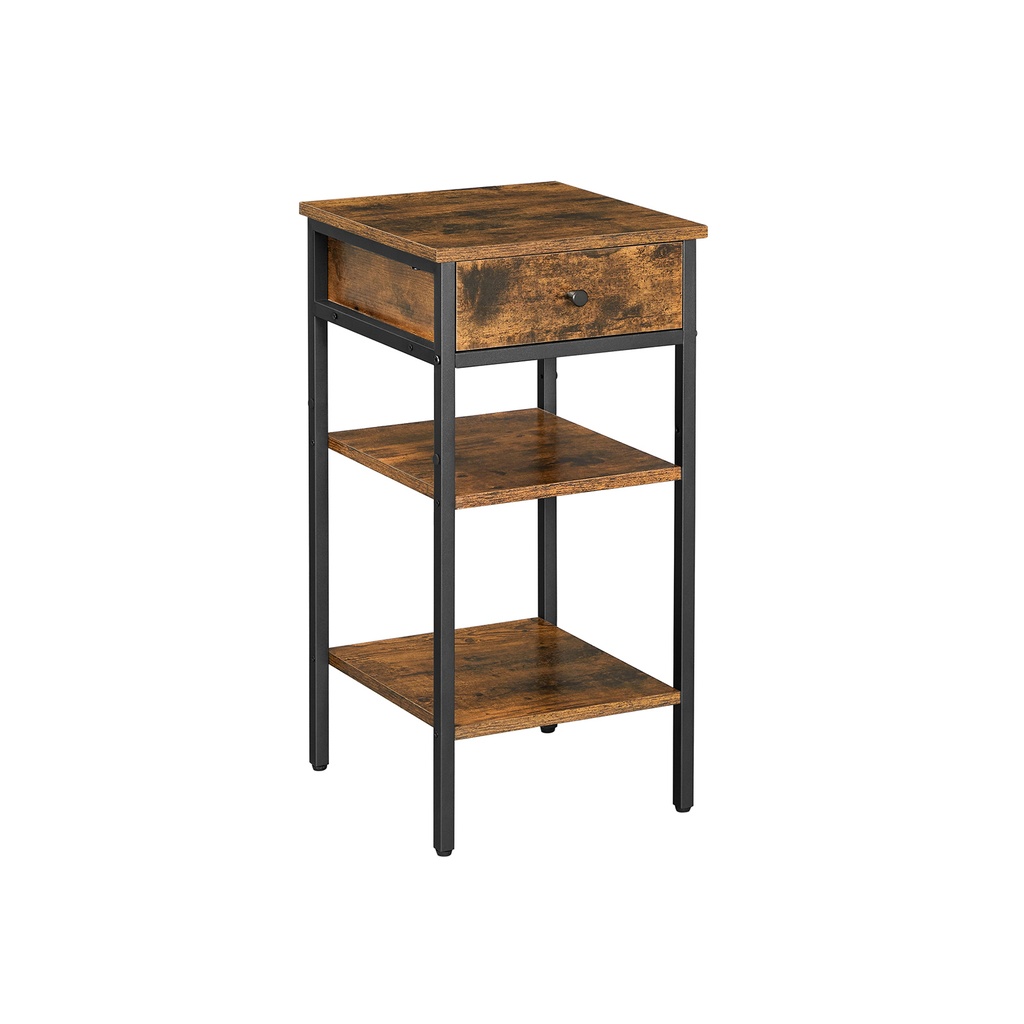 [LET502B01] VASAGLE Nightstand, End Table, Tall Bedside Table with a Drawer and 2 Storage Shelves, Space Saving, Industrial Accent Table, Rustic Brown and Black LET502B01