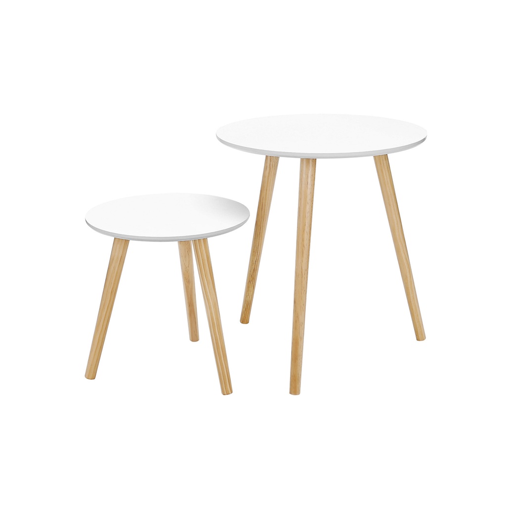 [LET07WN] VASAGLE Table d'appoint gigogne, table d'appoint ronde, lot de 2, table basse scandinave minimaliste avec pieds en bois de pin massif, blanc et naturel LET07WN