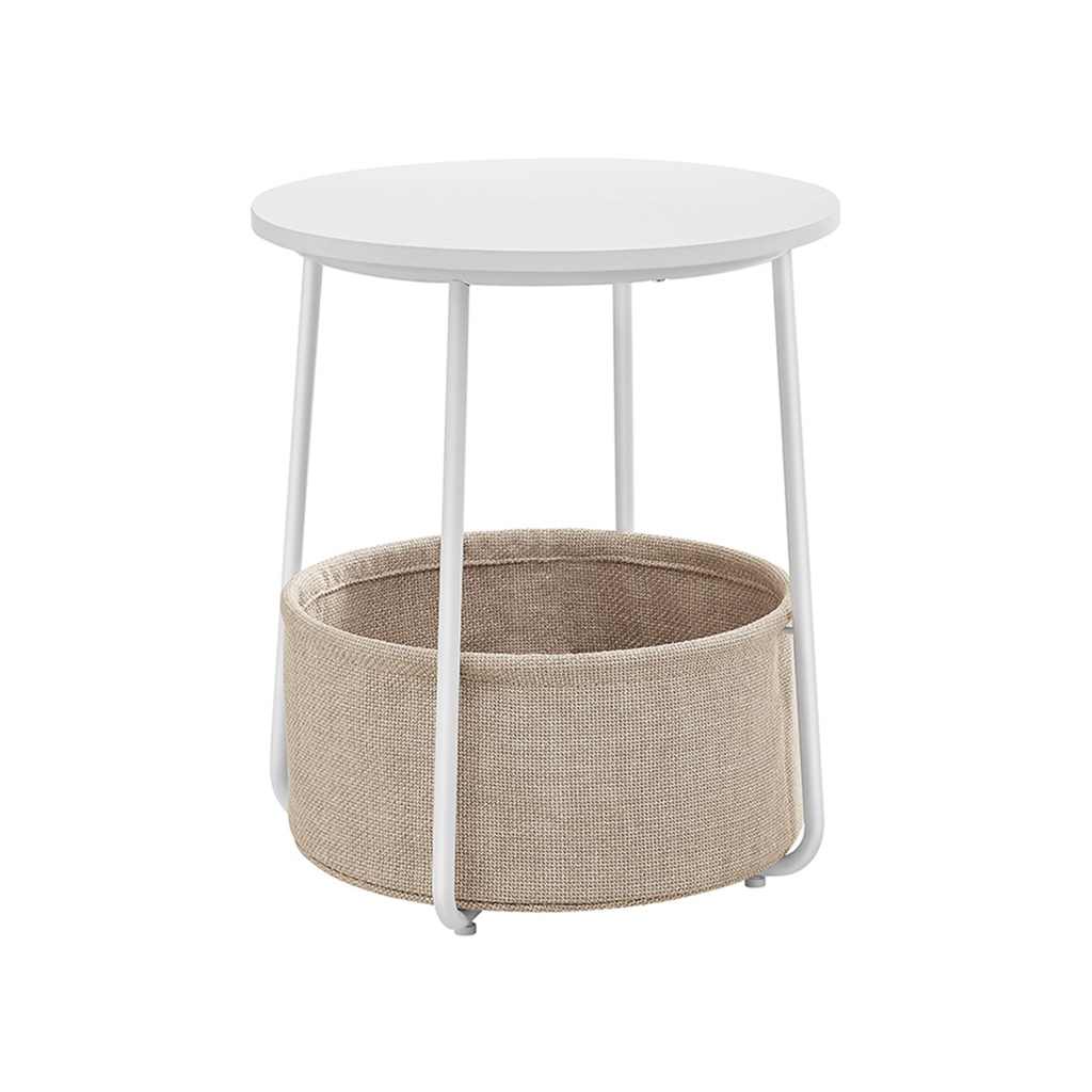 [LET223W10] VASAGLE Table d'appoint, table de bout ronde avec panier en tissu, spacieuse, pour salon et chambre, table de chevet, style moderne, blanc et beige LET223W10