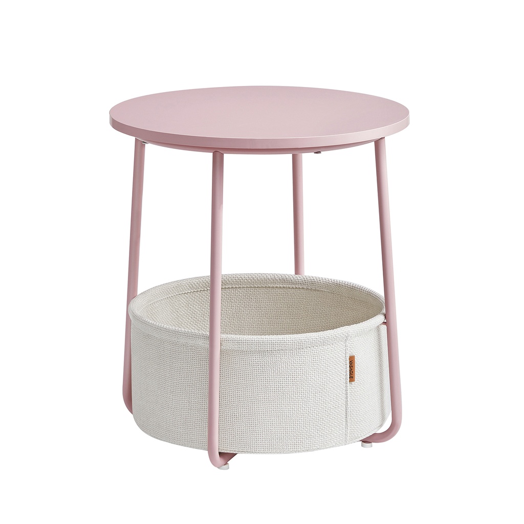 [LET223R61] Vasagle Table d'appoint ronde, petite table basse, table de salon avec panier en tissu, espace de rangement pour salon, chambre à coucher, moderne, rose pastel/blanc nuage, LET223R61