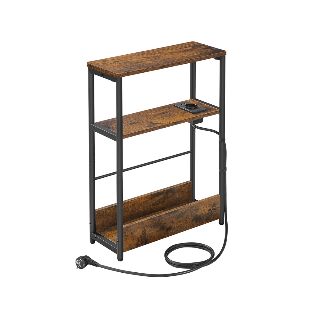 [LET335K02] VASAGLE Slim Side Table with Power Strip, 3 Tier Nightstand, End Table, for Small Spaces, Magazine Rack, Living Room, Bedroom, Office, Rustic Brown and Ink Black LET335K02