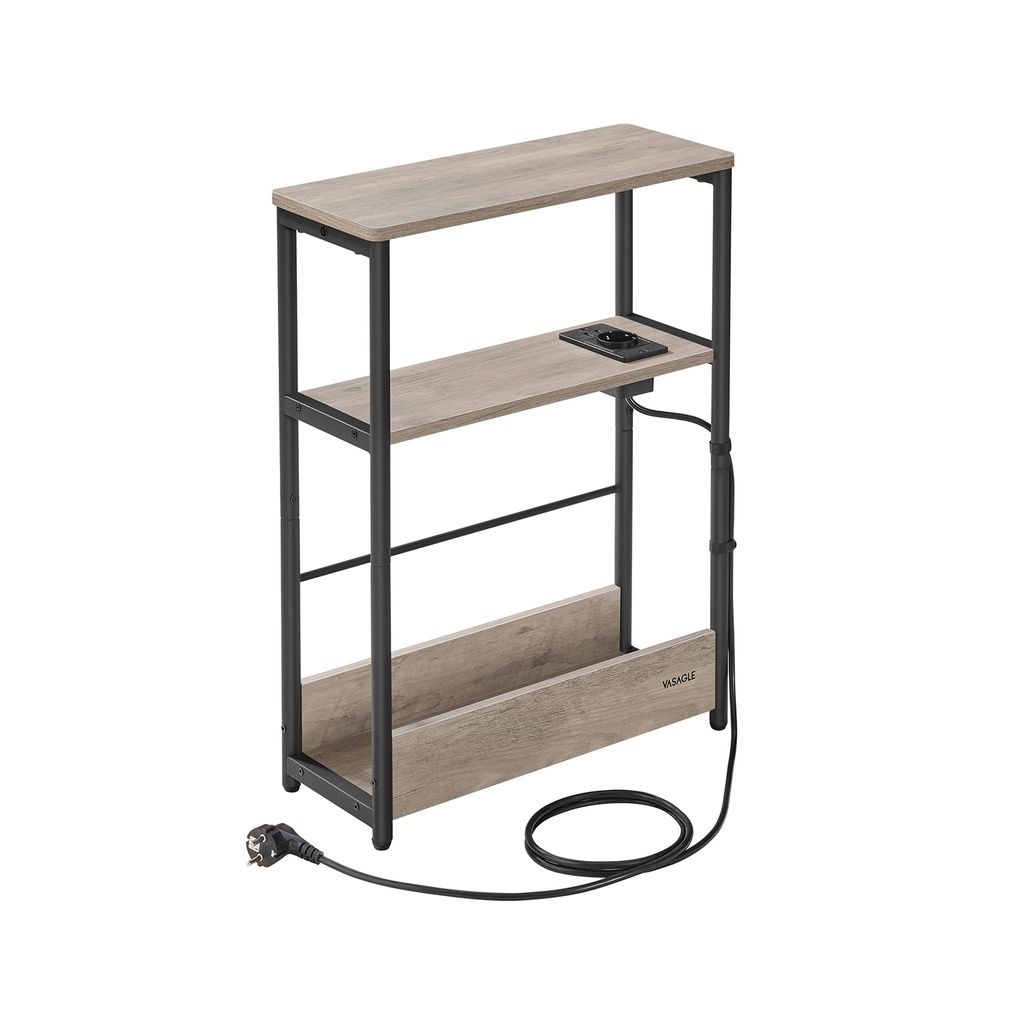 [LET335K05] VASAGLE Table d'appoint fine avec multiprise, table de chevet à 3 niveaux, bout de canapé, pour petits espaces, porte-revues, salon, chambre, bureau, grège chiné et noir encre LET335K05