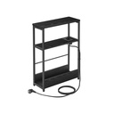 VASAGLE Table d'appoint avec multiprise, table d'appoint étroite à 3 niveaux, table d'appoint pour petits espaces avec porte-revues, pour salon, chambre à coucher, bureau, noir ébène et noir encre LET335B02