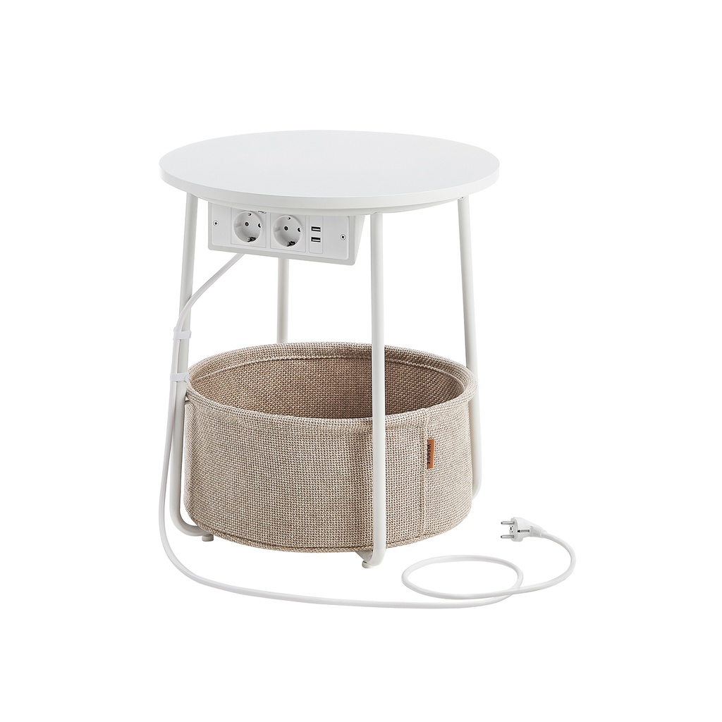[LET228W02] VASAGLE Petite Table Basse Ronde, Table d'Appoint avec Panier en Tissu et Multiprise, Rangement, pour Salon, Chambre, Table de Chevet, Style Moderne, Blanc Mat et Marron Camel LET228W02
