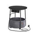 VASAGLE Table d'appoint ronde avec station de chargement, petite table avec prise, table basse, ports USB, panier en tissu, salon chambre à coucher, table de chevet moderne, noir ébène-gris ardoise LET228B02