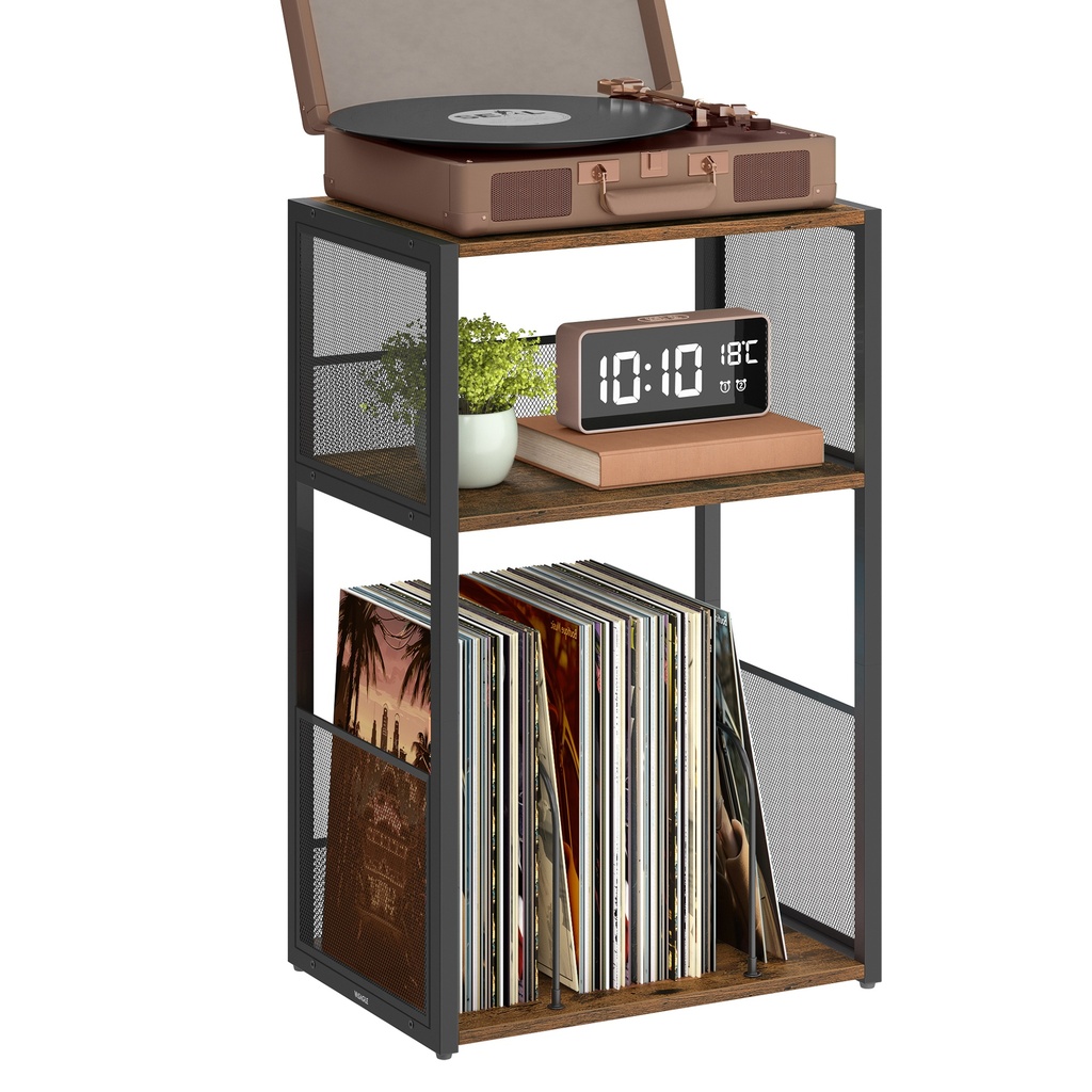 [LET275K01] Support pour tourne-disque, table d'appoint à 3 niveaux, stockage de disques vinyles jusqu'à 100 albums, table d'appoint pour salon, chambre à coucher, marron rustique