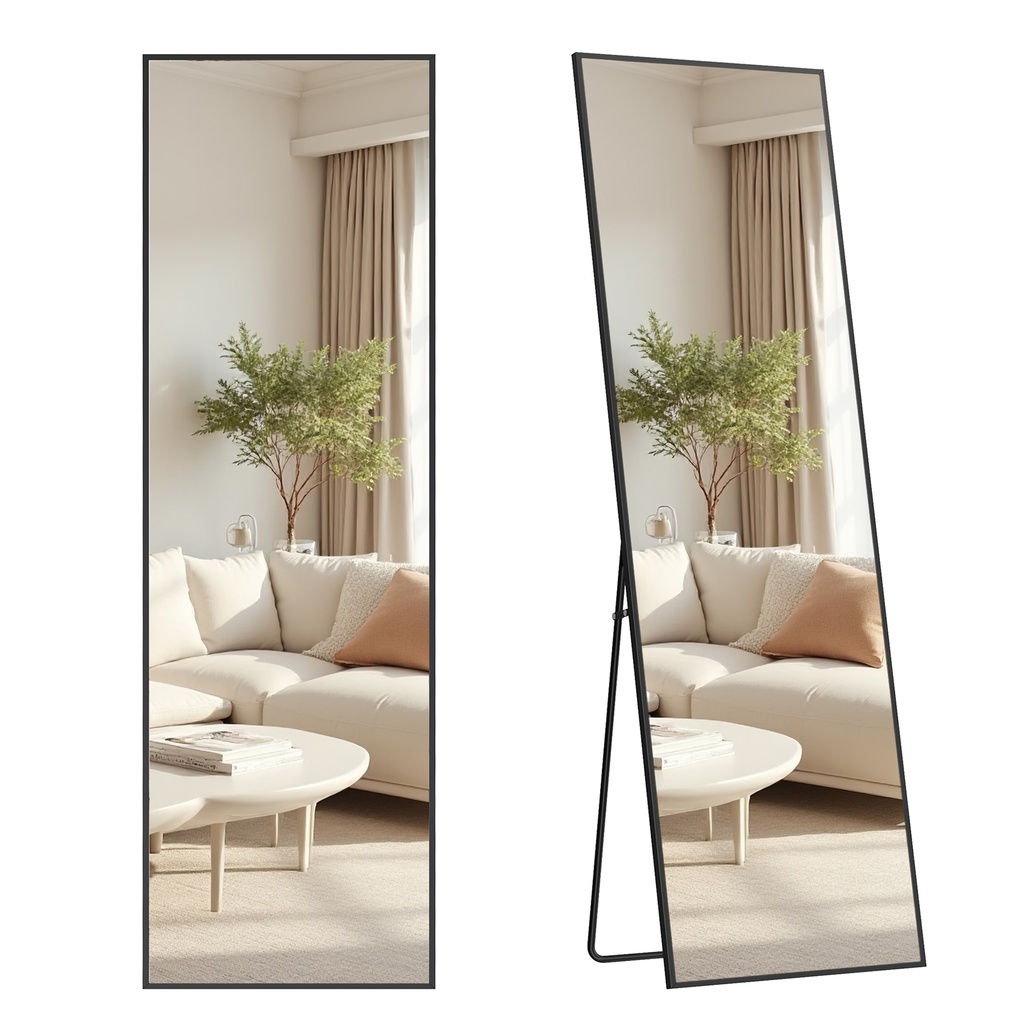 [LFM050BD01] SONGMICS Miroir pleine longueur, miroir de sol rectangulaire avec support, cadre en alliage d'aluminium, verre trempé, pour chambre à coucher, salon, vestiaire, coin carré, 160 x 50 cm, noir mat LFM050BD01