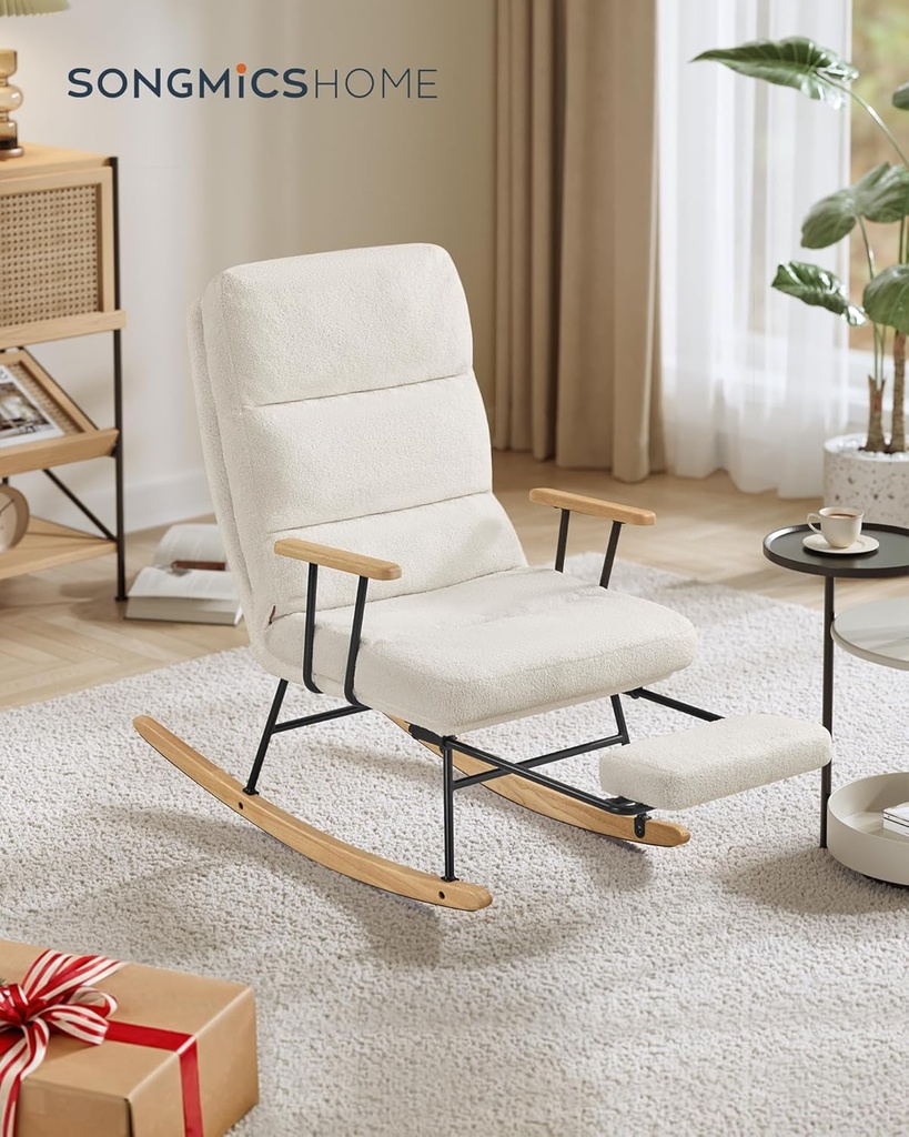SONGMICS HOME LYY016W01 Chaise à bascule, pieds en bois d'hévéa, tissu peluche, chaise à bascule, dossier réglable sur 4 positions, supporte jusqu'à 160 kg, pour chambre à coucher, salon, blanc crème LYY016W01
