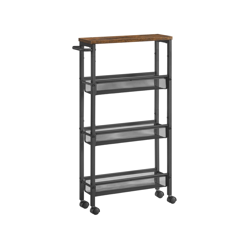 [LRC032B01V1] VASAGLE Desserte Desserte de Cuisine 4 Niveaux Etagère à Encastrer Etagère de Cuisine sur Roulettes Cadre en Acier Poignée pour Petits Espaces Cuisine Salle de Bain Salon Bureau Vintage Marron Noir LRC032B01V1