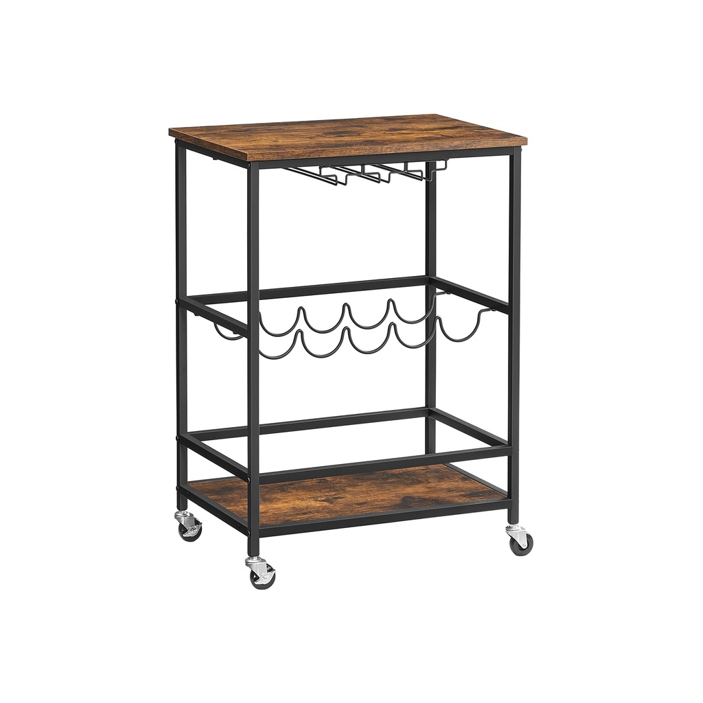[LRC087B01] VASAGLE LRC087B01 Desserte de Cuisine sur Roulettes avec Etagères Verre et Porte Bouteilles 60 x 40 x 75 cm Design Industriel Vintage Marron/Noir