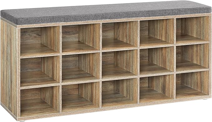 [LHS015T60] VASAGLE Étagère à Chaussures, Banc à Chaussures avec Assise, Meuble à Chaussures avec Coussin, 15 Compartiments de Rangement Ouverts, 30 x 105 x 48 cm, pour Couloir Chambre Salon Entrée, Chêne à Grains Bleus et Gris LHS015T60