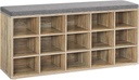 VASAGLE Étagère à Chaussures, Banc à Chaussures avec Assise, Meuble à Chaussures avec Coussin, 15 Compartiments de Rangement Ouverts, 30 x 105 x 48 cm, pour Couloir Chambre Salon Entrée, Chêne à Grains Bleus et Gris LHS015T60