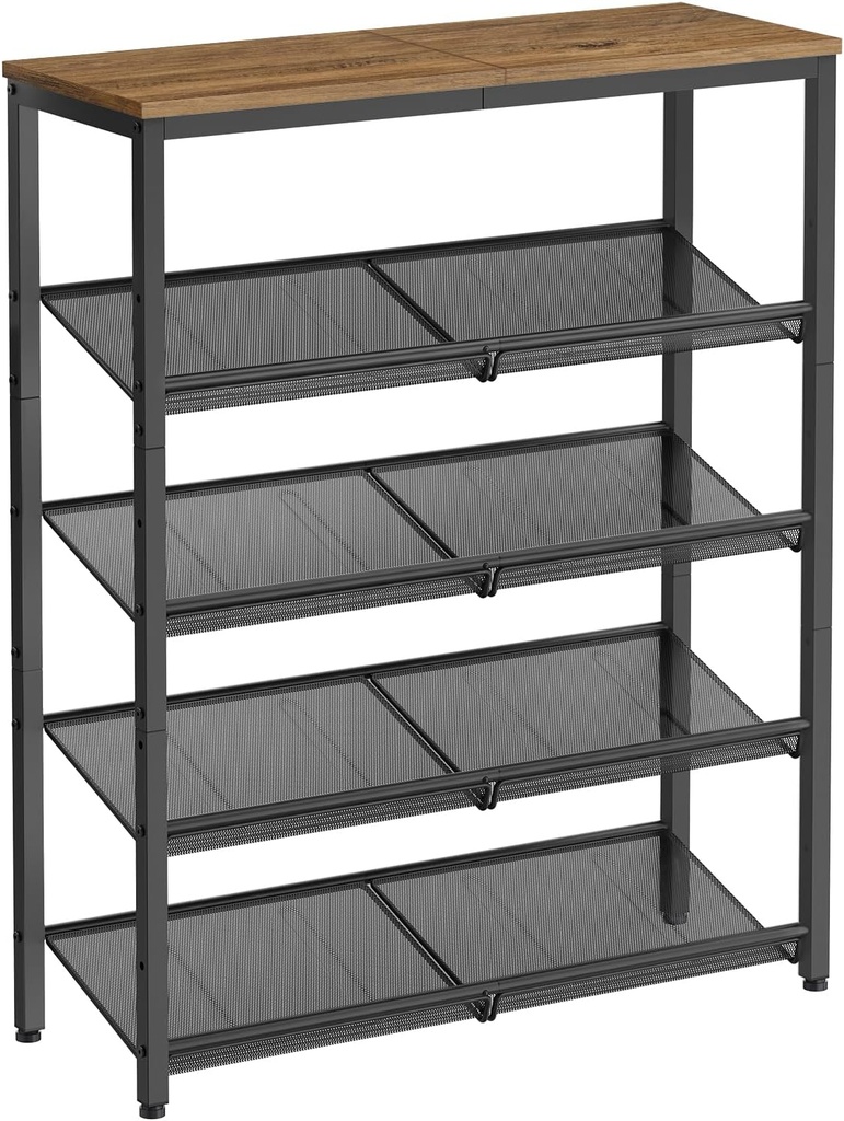 [LBS038K01] VASAGLE Étagère à chaussures à 5 niveaux avec étagères et grand plateau, étagères réglables en maille, peu encombrant pour entrée, couloir, acier, industriel, marron miel et noir encre LBS038K01