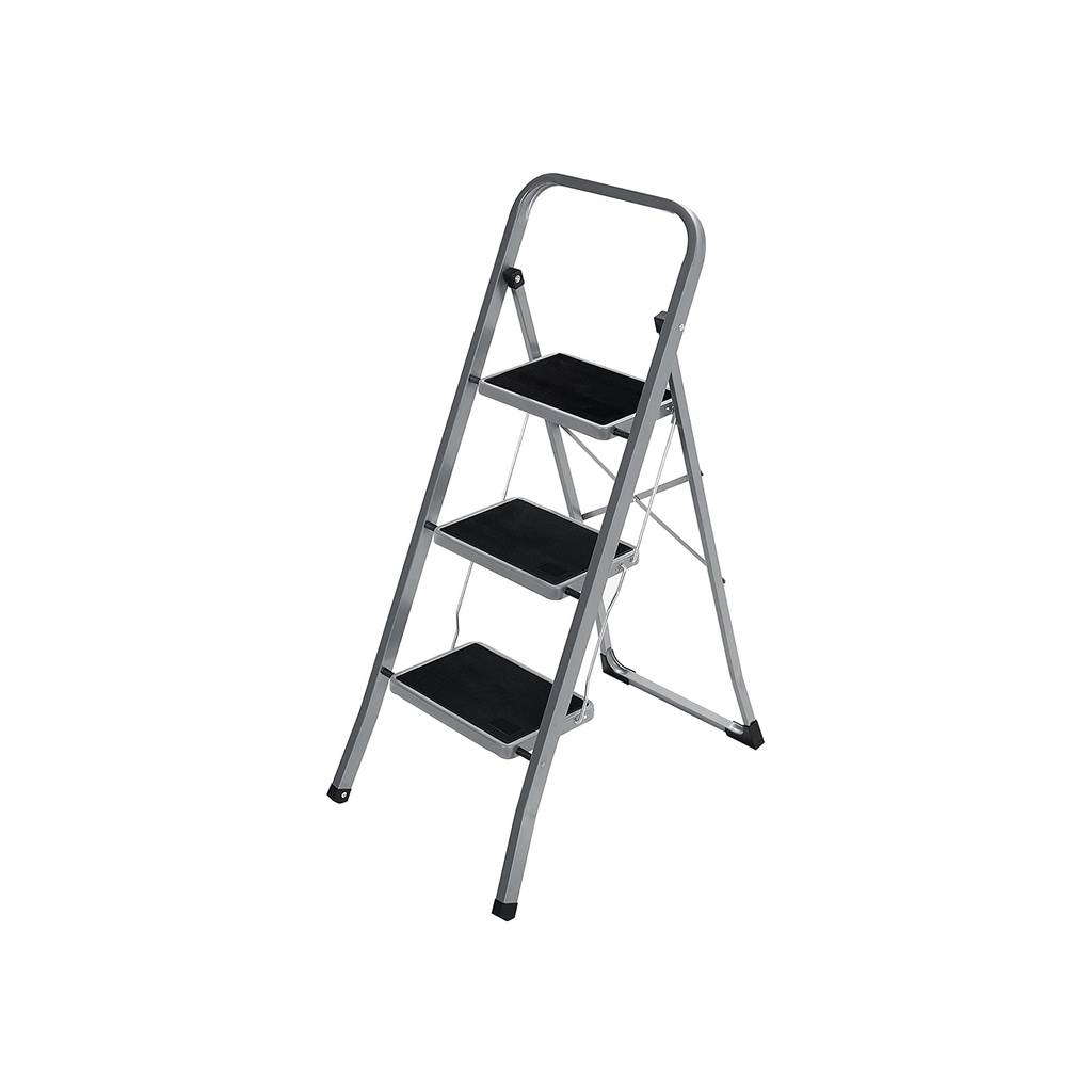[GSL003GY01] SONGMICS Échelle 3 Marches, Échelle Pliante, Marches de 20 cm de Large Recouvertes de Caoutchouc Antidérapant, Pieds en Caoutchouc, Main Courante, Charge Max. Charge statique 150 kg, acier, gris et noir GSL003GY01