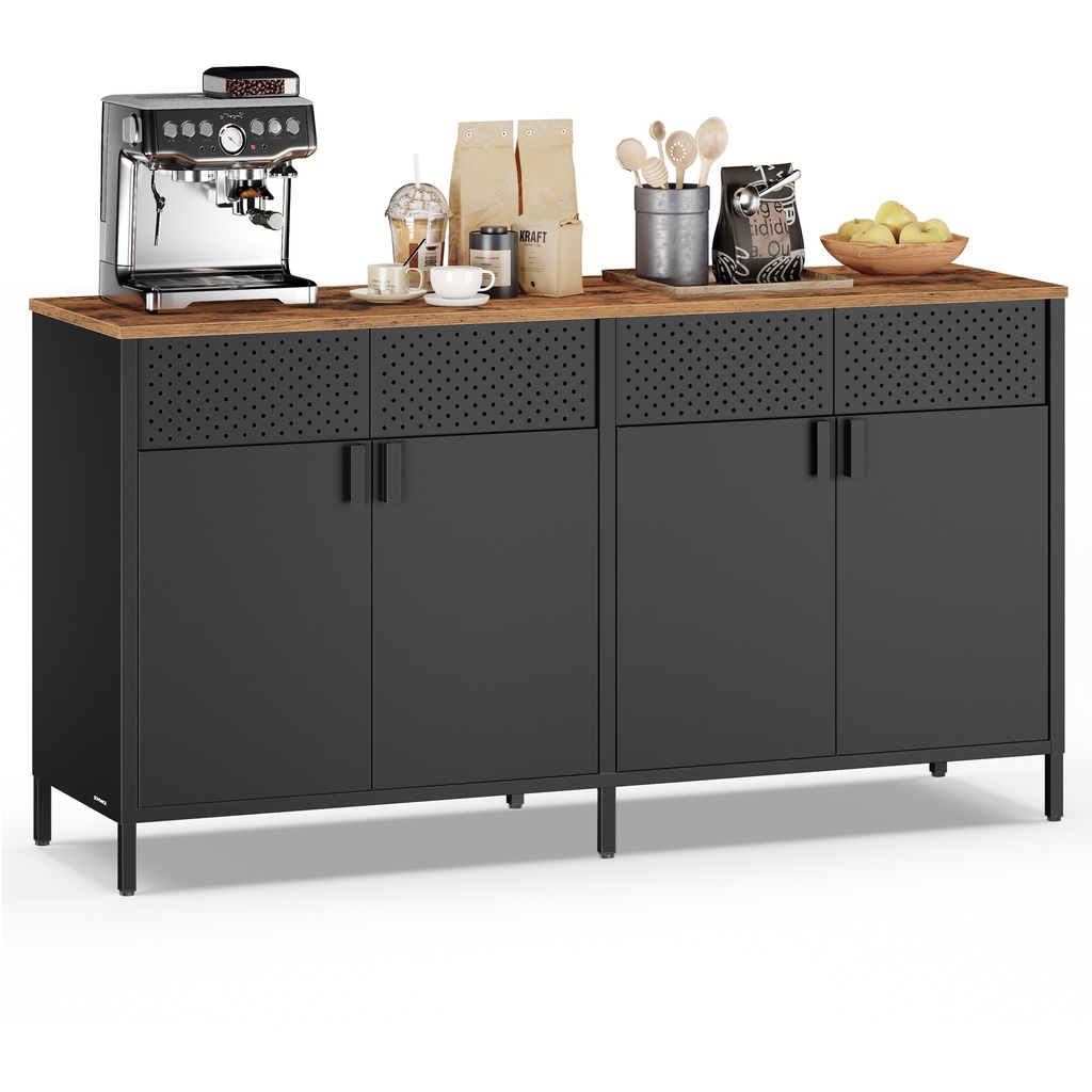 [LSC205BD01] SONGMICS Storage Cabinet, Metal Cabinet with 4 Doors, 40 x 141 x 76 cm, Magnetic Closure, Adjustable Shelves, Steel Frame, Rustic Brown and Ink Black LSC205BD01