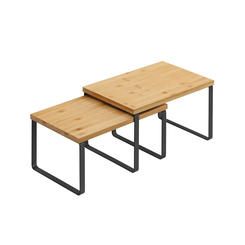 SONGMICS Lot de 2 étagères à épices, organiseur d'étagère de placard, organisateur d'étagère de cuisine extensible, support à épices empilable, métal et bambou, noir et naturel KCS02NB