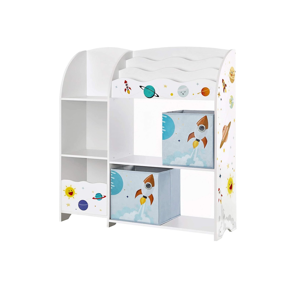 [GKR42WT] SONGMICS Organiseur de jouets et livres pour enfants, unité de rangement multifonction avec 2 boîtes de rangement, haute capacité, thème universel, pour salle de jeux, chambre, salon, blanc GKR42WT