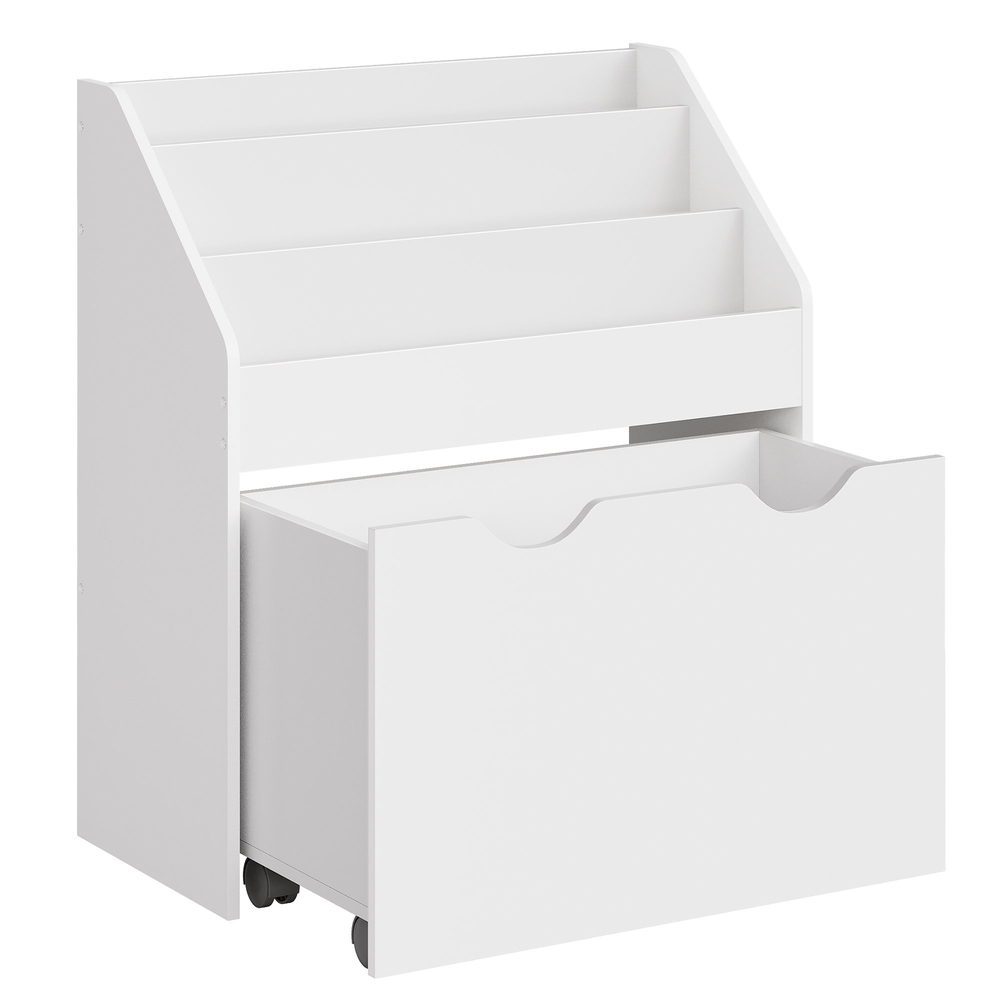 [GKR041W10] SONGMICS Bibliothèque et organisateur de jouets pour enfants, coffre de rangement pour jouets et bibliothèque avec 3 étagères, boîte de rangement à roulettes, polyvalente, pour chambre d'enfant et salle de jeux, blanc nuage GKR041W10