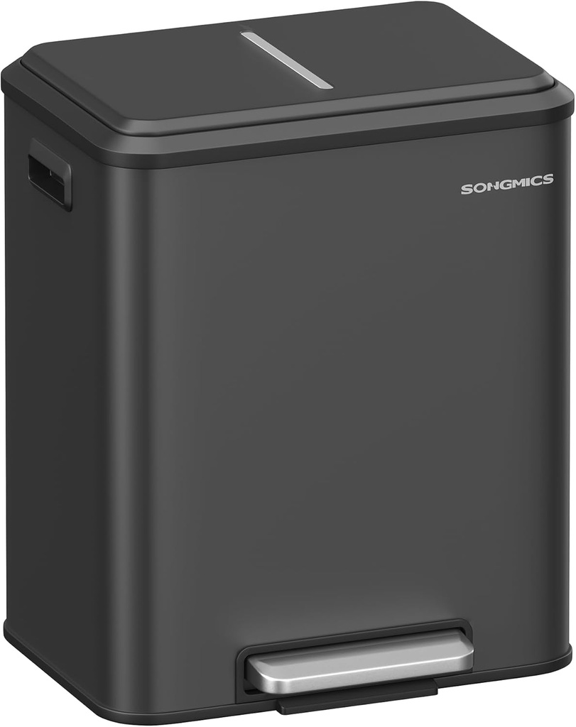 [LTB544B02] SONGMICS LTB544B02 Trieur de poubelles 2 x 15 L avec couvercle, poubelle de cuisine et de salon, type à pédale, acier inoxydable, hermétique, bouteille en plastique, rangement canette, aucune visibilité, type horizontal, robuste