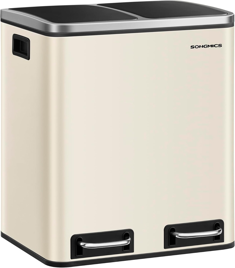 [LTB30A02] SONGMICS Poubelle de Cuisine, 2 Poubelles Doubles de 15 L pour Recyclage et Déchets, Poubelle à Pédale, 15 Sacs Inclus, Seaux Intérieurs, Fermeture Amortissante pour Petites Familles, Acier, Beige Sable et Noir Encre LTB30A02