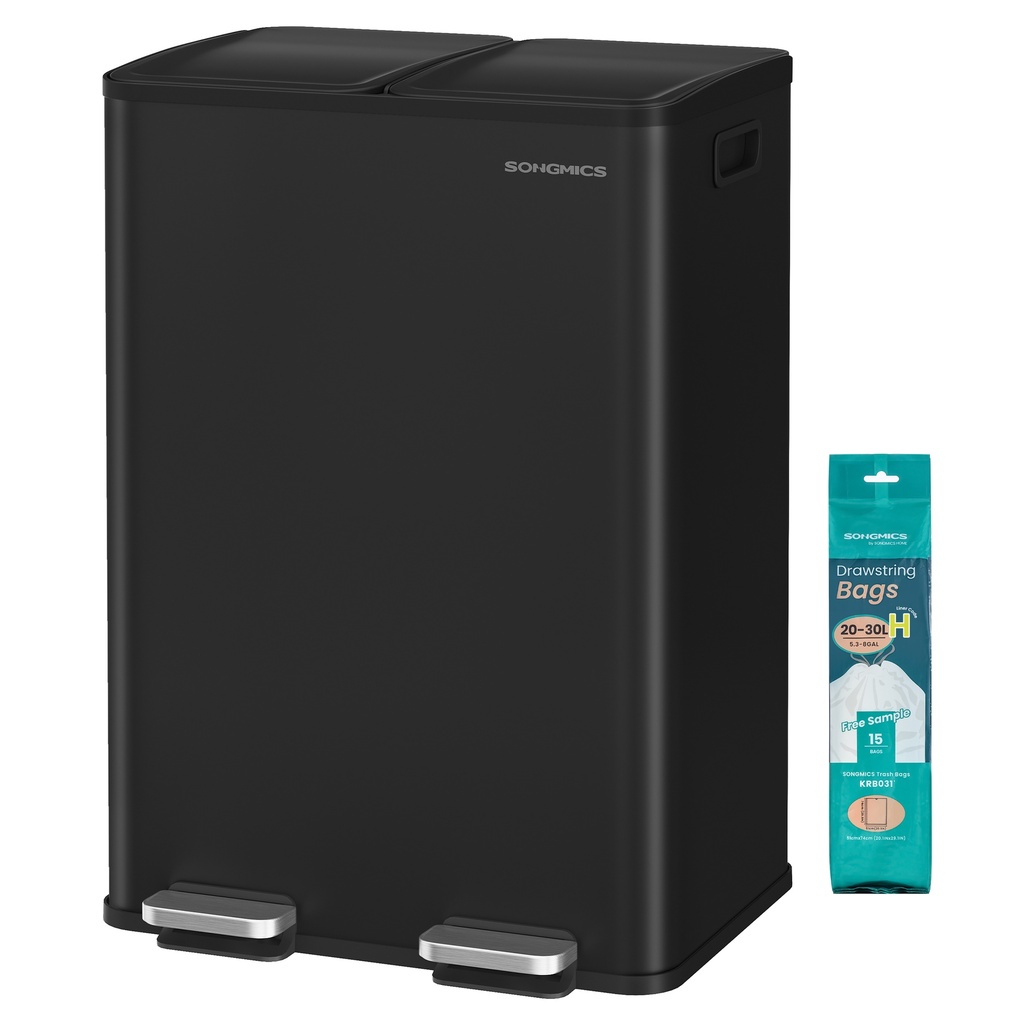 [LTB741B02] SONGMICS Poubelle de cuisine, 2 x 8 gallons (2 x 30 L), poubelle à pédale à double compartiment avec couvercle à fermeture douce et seaux intérieurs, acier, comprend 15 sacs de doublure, noir encre LTB741B02