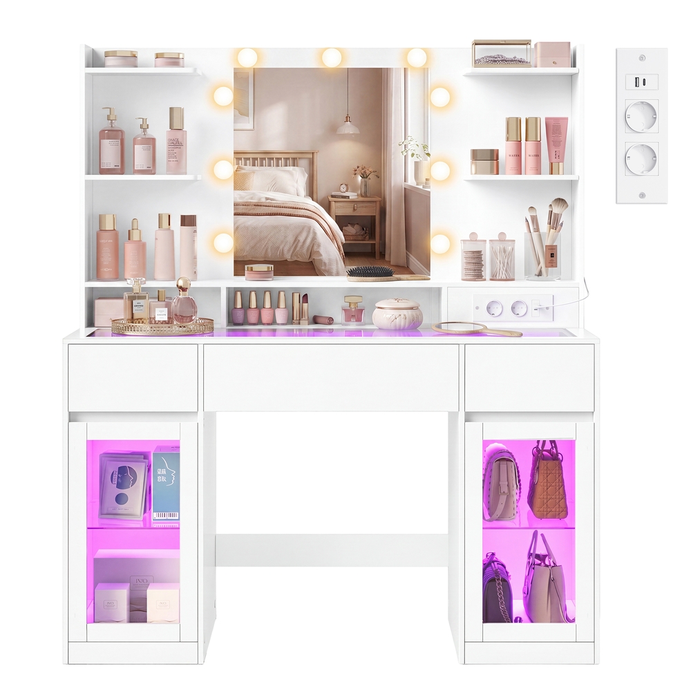 VASAGLE Coiffeuse avec Miroir LED et Éclairage RGB, Prises de Courant, Plateau en Verre, Meubles de Rangement, 107 x 40 x 144,5 cm, Blanc, Chambre, Collection Kailyn RDT145WB01