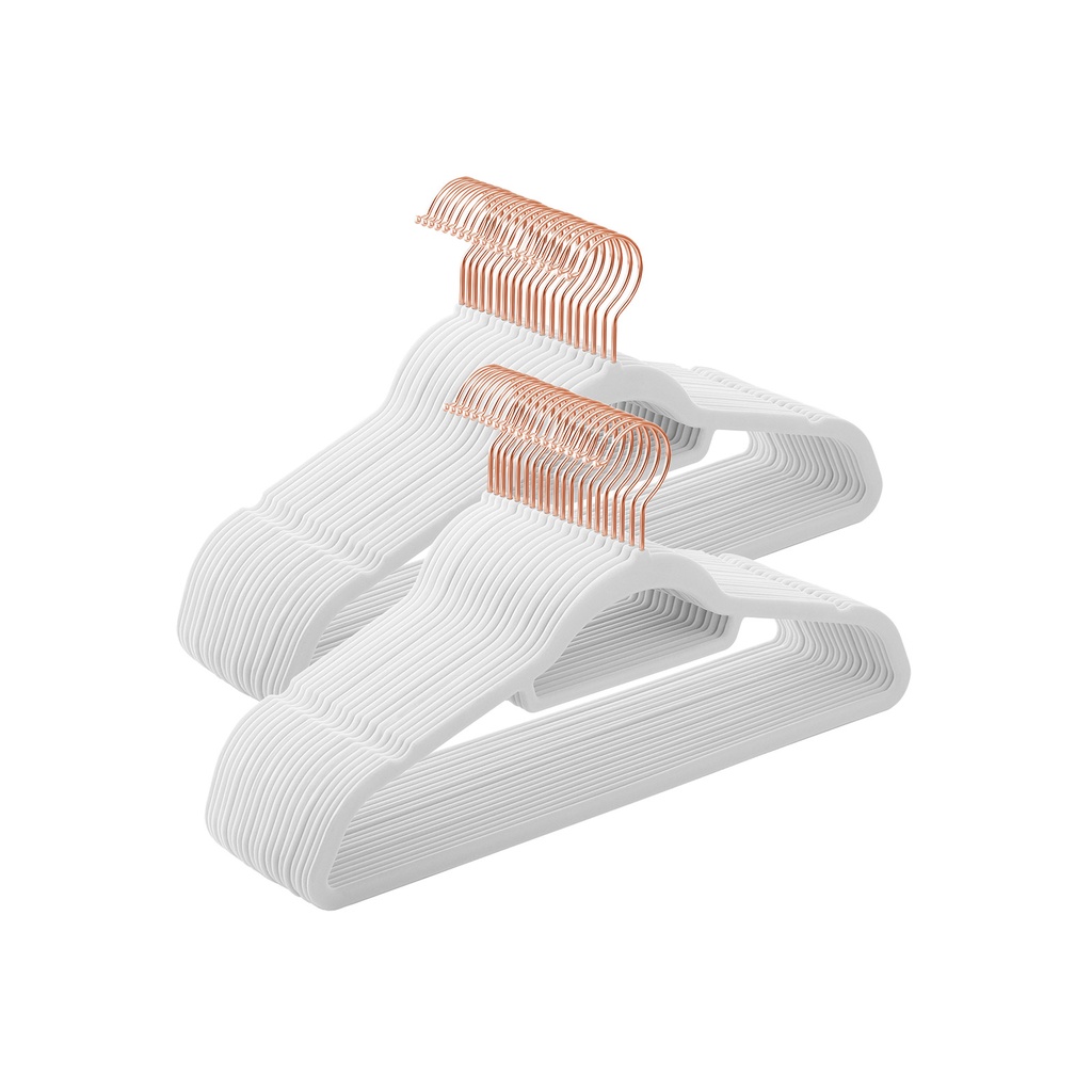 SONGMICS Cintres en Velours, Lot de 50 Cintres pour Vêtements, Antidérapants, avec Barre à Attaches et Crochet Or Rose, Peu Encombrants, Épaisseur 0,6 cm, Longueur 43,5 cm, pour Robes Pantalons, Blanc CRF021W02