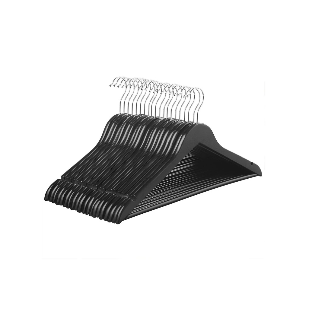 SONGMICS Cintres en Bois, Lot de 20, Cintres, Cintres, avec Encoches aux Épaules, Barre de Pantalon Antidérapante, Crochet Pivotant à 360°, pour Costumes, Chemises, Manteaux, Noir et Argent CRW02B-20