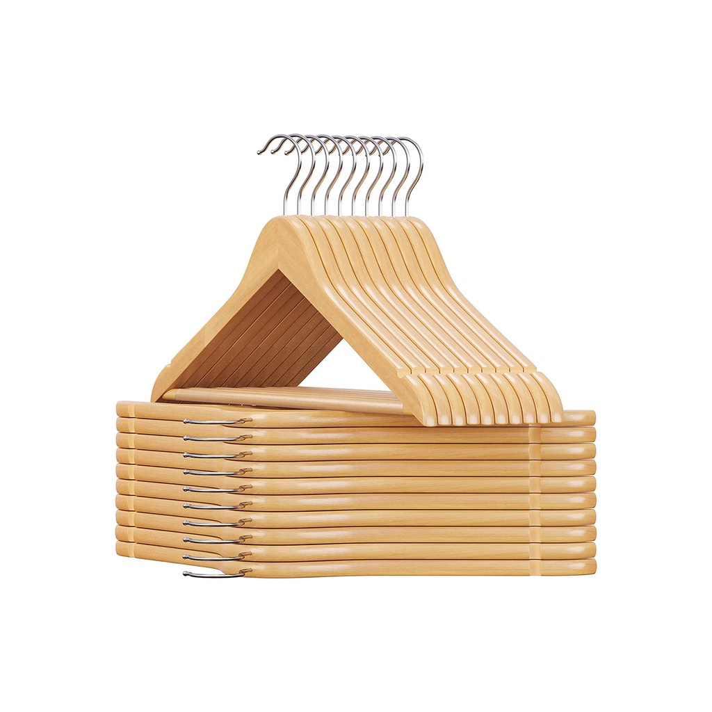 SONGMICS Cintres en Bois, Cintres, Cintres, avec Encoches aux Épaules, Barre de Pantalon Antidérapante, Crochet Pivotant à 360°, pour Costumes, Chemises, Manteaux, Naturel et Argent CRW001-20, Lot de 20