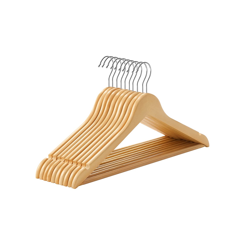 SONGMICS Cintres en Bois, Lot de 10, Cintres, Cintres, avec Encoches aux Épaules, Barre de Pantalon Antidérapante, Crochet Pivotant à 360°, pour Costumes, Chemises, Manteaux, Naturel CRW001-10