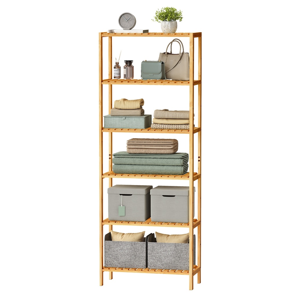 SONGMICS Etagère de Rangement en Bambou, Etagère à 6 Niveaux, Multifonctionnelle, dans le Couloir, la Salle de Bain, le Salon, le Balcon, la Cuisine, 26 x 60 x 160,9 cm, Beige Naturel BCB036Y01