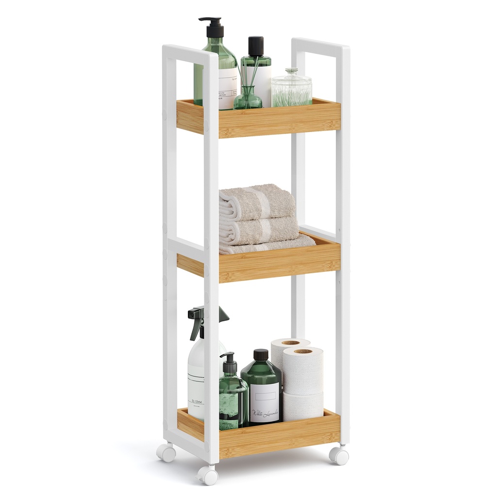 SONGMICS Chariot roulant en bambou, chariot utilitaire à 3 niveaux sur roulettes, étagère de rangement fine et étroite, étagères en bambou, peu encombrant, multifonctionnel, pour salle de bain, cuisine, blanc et naturel UBCB083N02