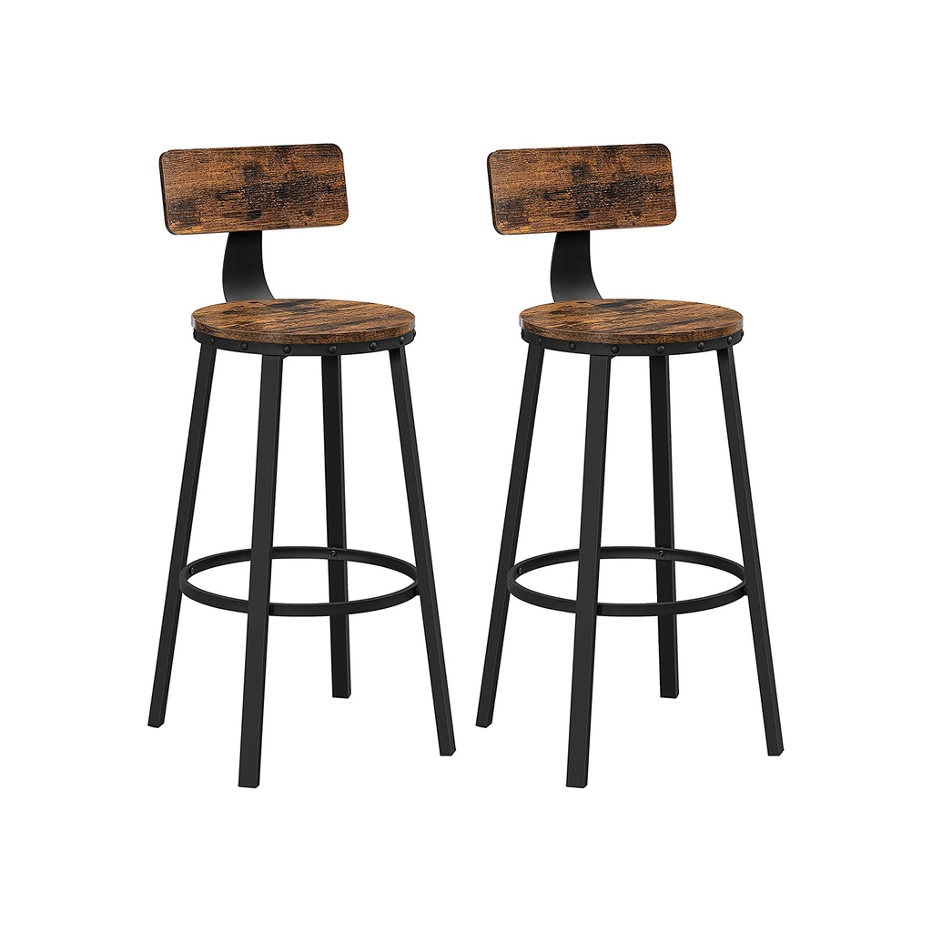 VASAGLE Tabourets de Bar, Tabourets de Cuisine, Lot de 2 Chaises de Bar Hautes avec Dossier, Structure en Acier, Assise de 73 cm de Hauteur, Montage Facile, Industriel, Marron Rustique et Noir LBC026B01V1