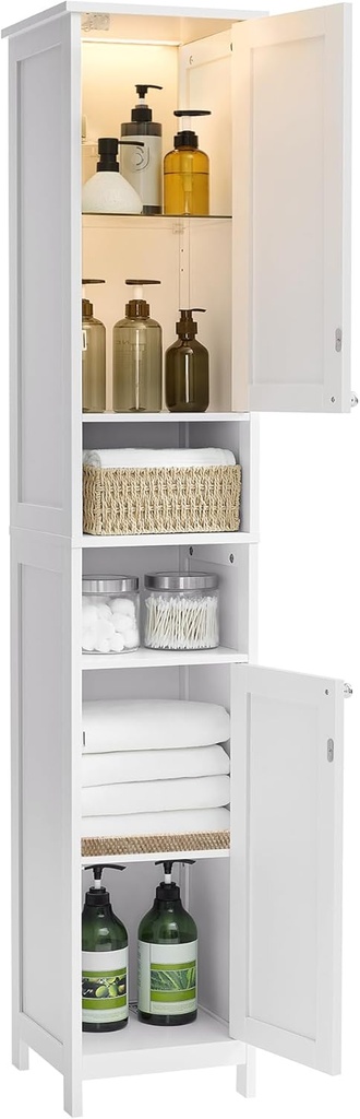 [BBC566W03] VASAGLE Meuble de Salle de Bain Haut et Mince avec Étagères Réglables, Compartiments Ouverts, pour Petits Espaces, Moderne, Blanc Nuage BBC566W03