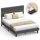 VASAGLE Cadre de lit double, pour matelas 140 x 200 cm, tête de lit rembourrée réglable, structure en métal, lattes en bois massif, moderne, gris ardoise RMB504G01