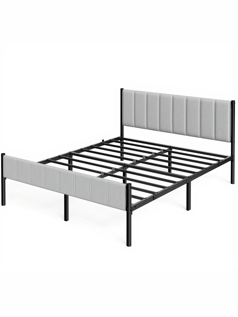 VASAGLE Double Bed Frame 160 x 200 cm with Upholstered Headboard Bed Frame Steel Slats Supports up to 500kg Easy Assembly RMB975G01