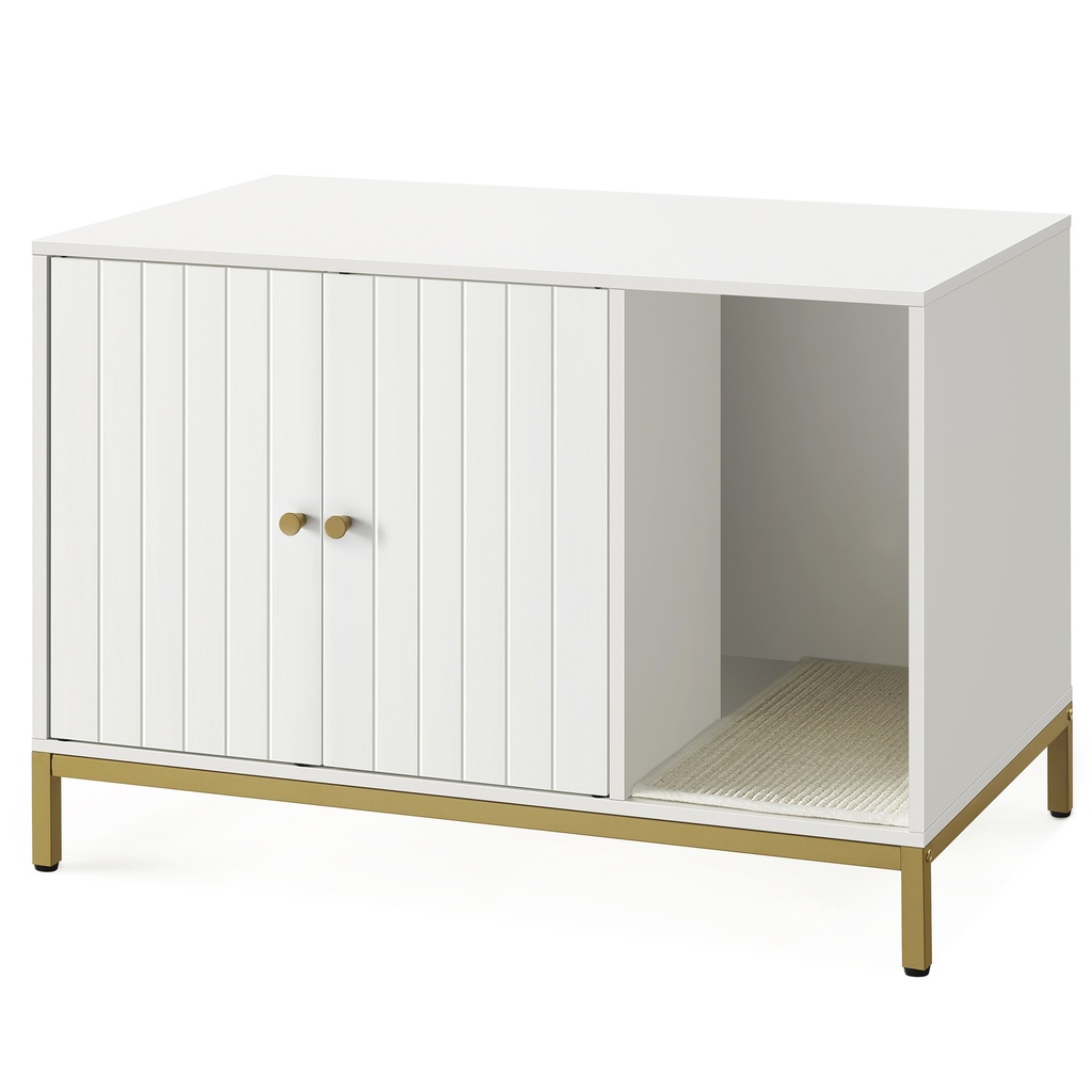 [PCL007W01V1] Feandrea Bac à litière pour chat, meuble caché avec tapis à gratter, pieds hauts, maison pour chat, table d'appoint, 80 x 50 x 55 cm, blanc et doré PCL007W01V1