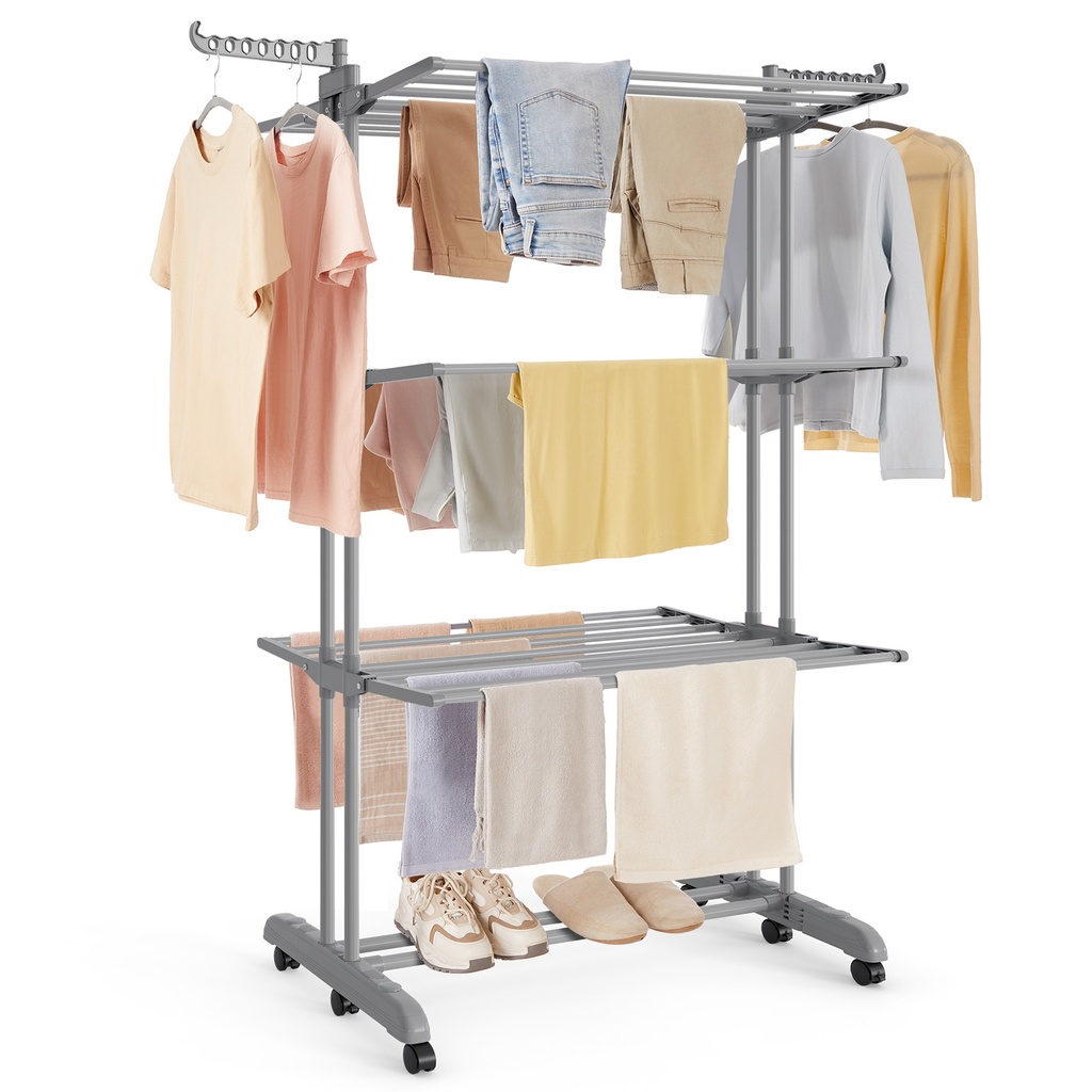 [LLR703G01] Étendoir à linge à 4 niveaux, étendoir à linge pliable de 68,2 pouces de haut, en acier inoxydable, étendoirs à linge roulant, étendoir à linge, gris