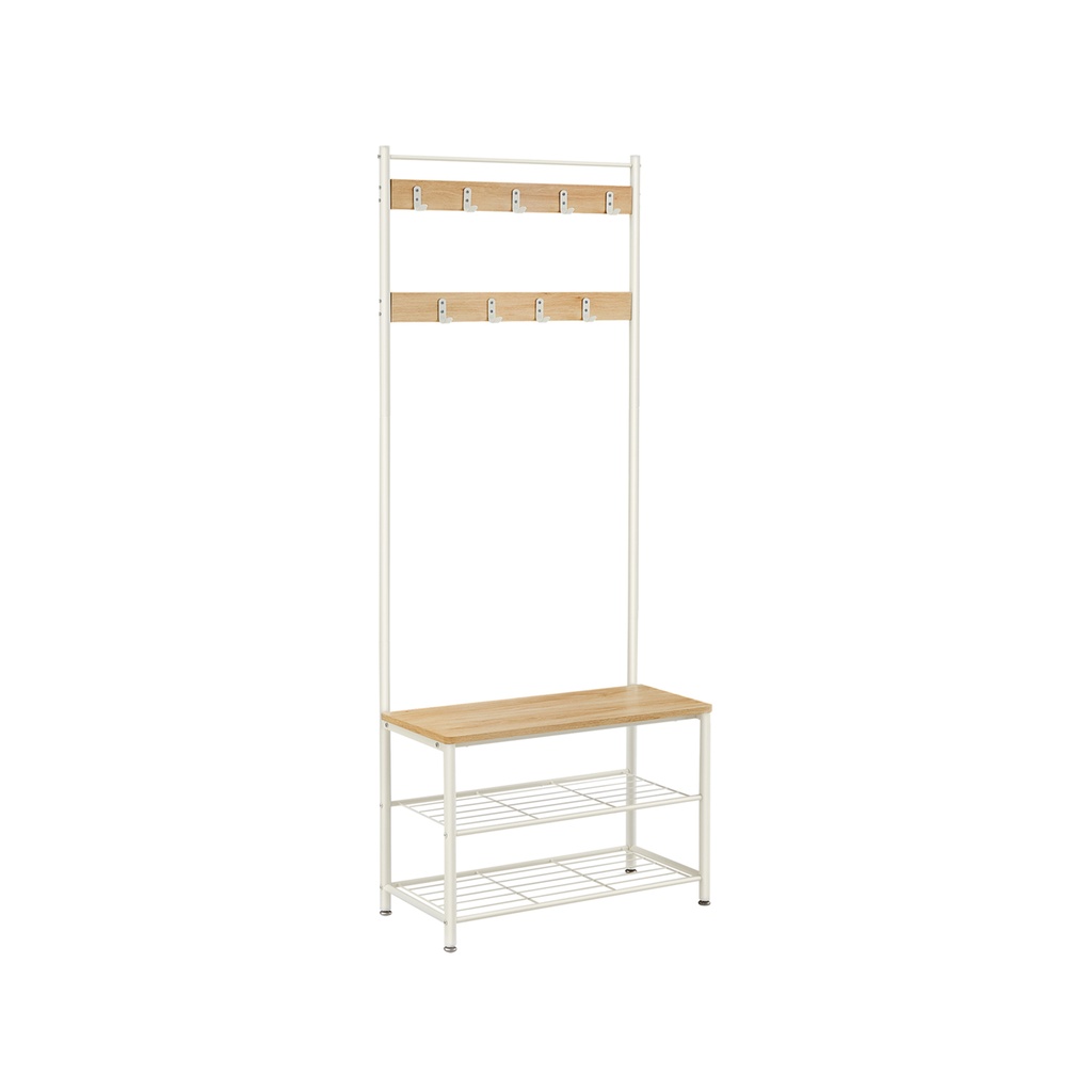 [HSR041W09] VASAGLE Porte-Manteau, Porte-Manteau avec Banc de Rangement pour Chaussures, Arbre d'Entrée avec Porte-Chaussures, Design 3 en 1, Structure en Acier, pour Couloir, Entrée, 32 x 70 x 175 cm, Moderne, Couleur Chêne et Blanc HSR041W09