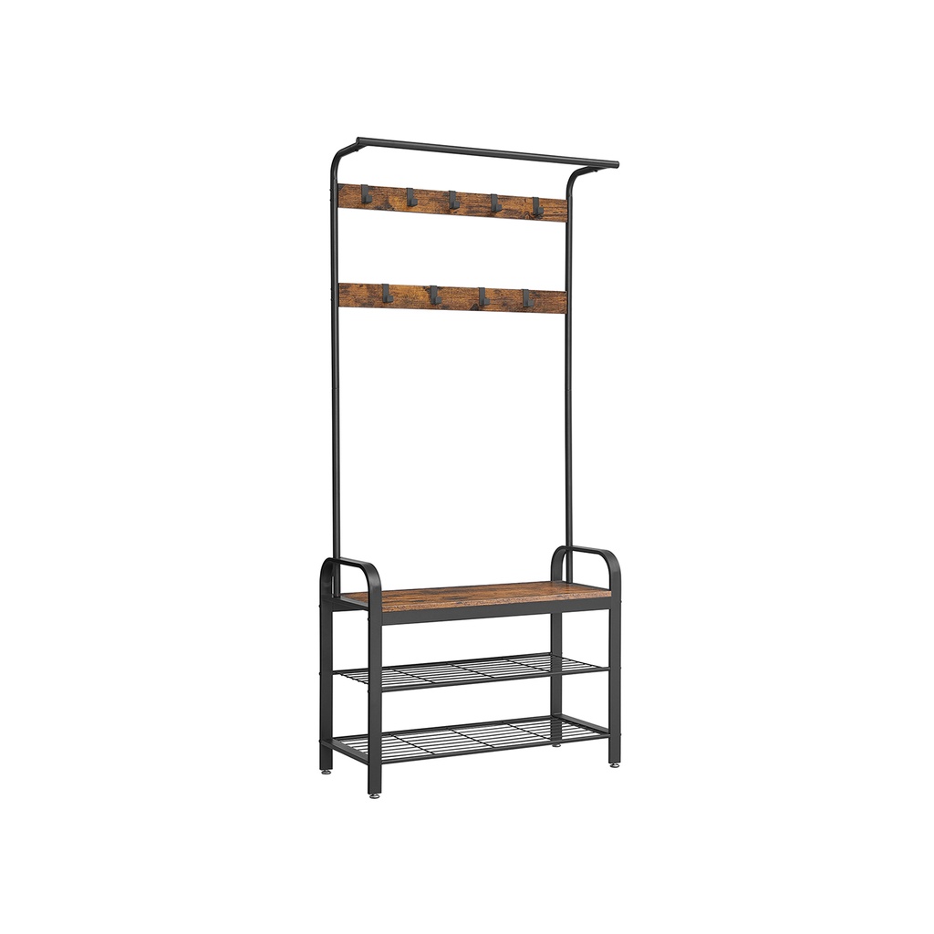 [HSR400B01] VASAGLE Porte-Manteau, Porte-Manteau avec Banc de Rangement pour Chaussures, Design 4 en 1, avec 9 Crochets Amovibles, une Tringle à Vêtements, pour Couloir, Entrée, 33,7 x 84 x 183 cm, Industriel, Marron Rustique et Noir HSR400B01