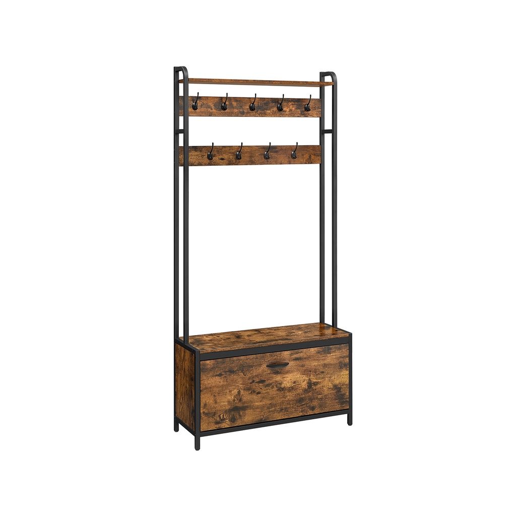 [HSR405B01] VASAGLE HSR405B01 Porte-manteau avec meuble à chaussures, porte-manteau avec banc, portant à vêtements, meuble à chaussures, 9 crochets, étagère supérieure, pour couloir, chambre, design industriel, marron/noir vintage