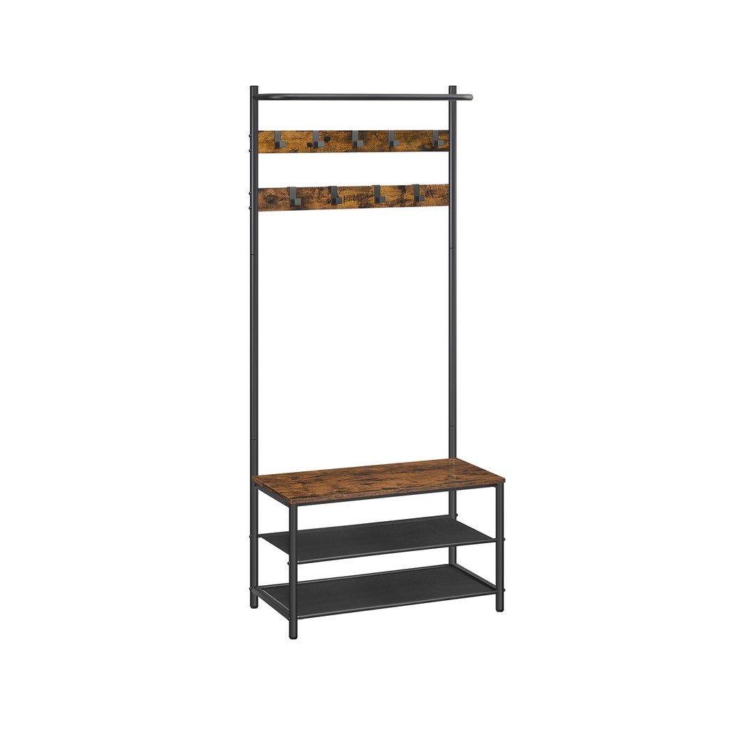 VASAGLE HSR411B01 Portemanteau Portemanteau avec 9 Crochets Amovibles Banc Design Industriel pour Couloir Chambre Vintage Marron Noir