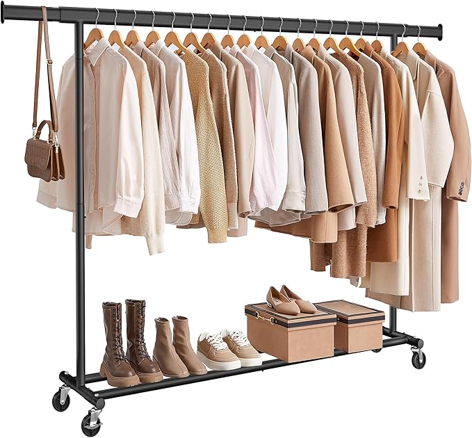 SONGMICS Portant à vêtements sur roulettes, Portant à vêtements robuste, Tringle à vêtements extensible, Charge maximale 150 kg, Montage facile, Portable, Noir HSR175B01