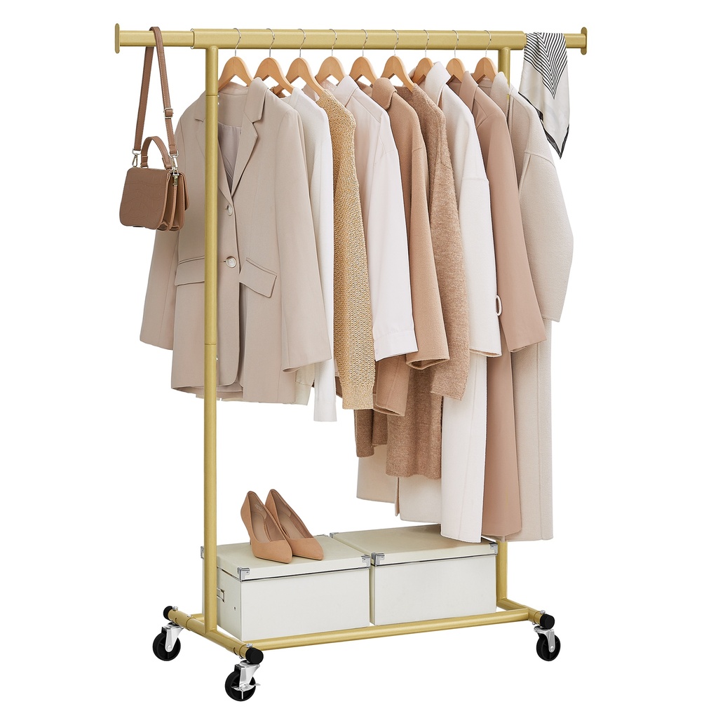 SONGMICS Portant à vêtements sur roulettes, tringle à vêtements robuste, 45 x (92-132) x 161,5 cm, avec tringle de suspension extensible, capacité de charge de 100 kg, montage facile, portable, or pâle HSR013A01