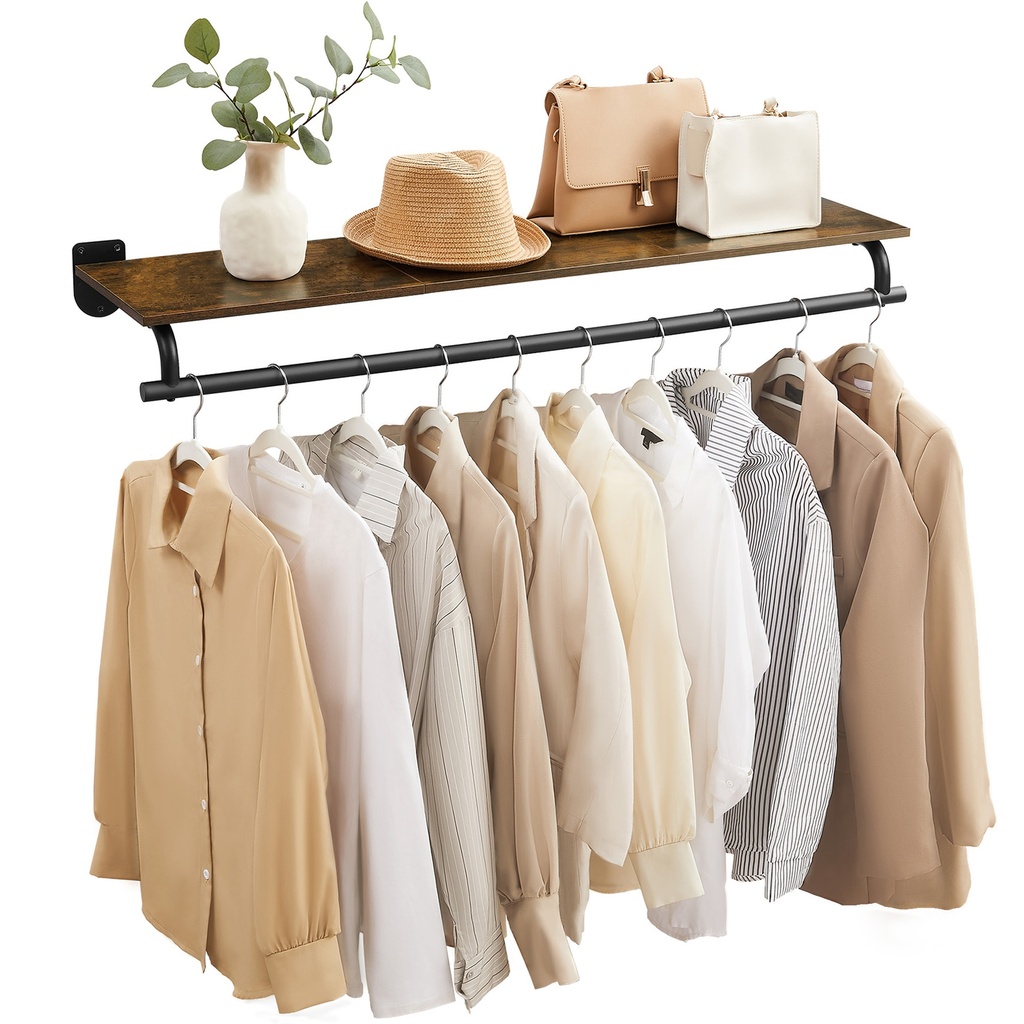 SONGMICS Portant à vêtements avec étagère supérieure, portant à vêtements mural, avec tringle de suspension, charges jusqu'à 35 kg, 28 x 109 x 13,2 cm, entrée, chambre, placard, marron rustique et noir encre UHSR135B01