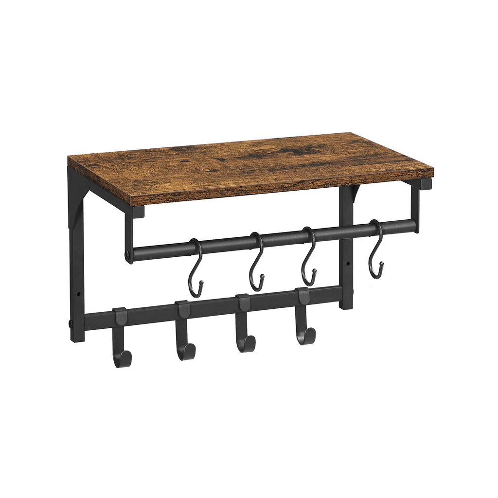 VASAGLE Porte-Manteau Mural, Étagère Murale avec 8 Crochets Amovibles, Étagère Murale Suspendue avec Tringle à Vêtements, pour Couloir, Chambre, Marron Vintage/Noir LCR103B01