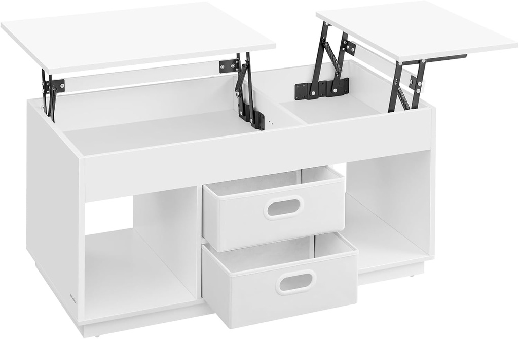 [LCT210W01] VASAGLE Table basse, table de salon relevable avec 2 tiroirs et compartiments cachés, compartiments ouverts, pour salon, bureau à domicile, blanc neige LCT210W01