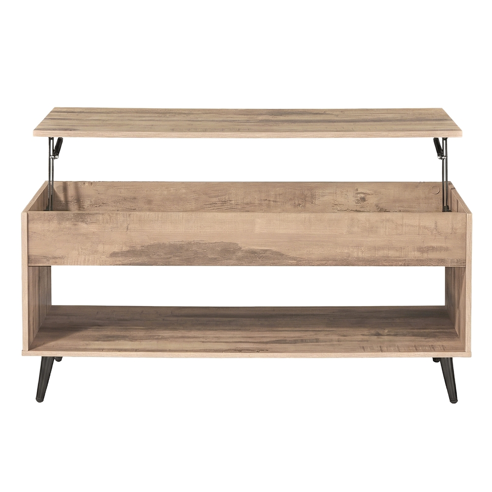 [LCT267LB01] VASAGLE Table basse relevable, table de salle à manger relevable, vérin à gaz, compartiment caché, étagère de rangement ouverte, pour salon, bureau à domicile, marron chameau et noir mat LCT267LB01