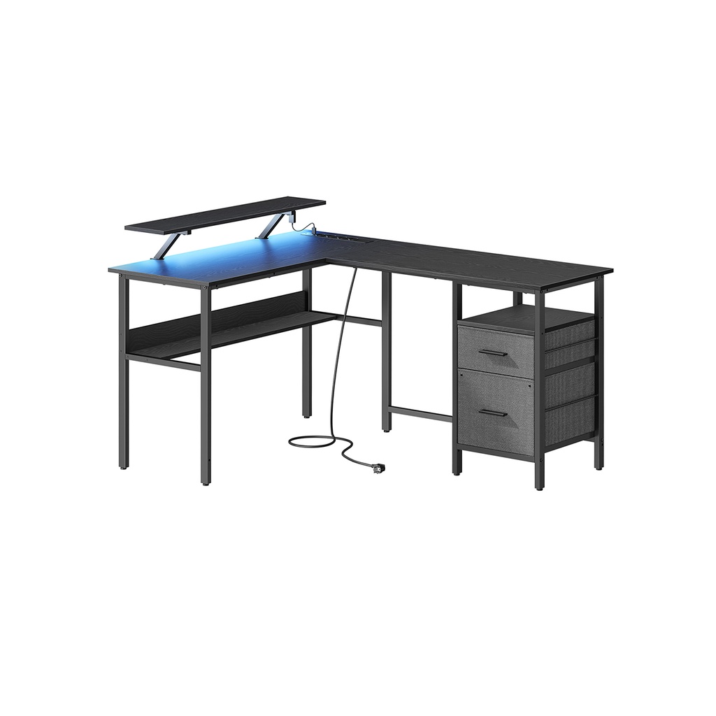 VASAGLE Bureau en L avec multiprise, bureau d'angle, bureau d'ordinateur avec support d'écran, bureau de jeu LED, 2 tiroirs, 2 ports USB, facile à assembler, pour bureau, bois noir LWD095B01